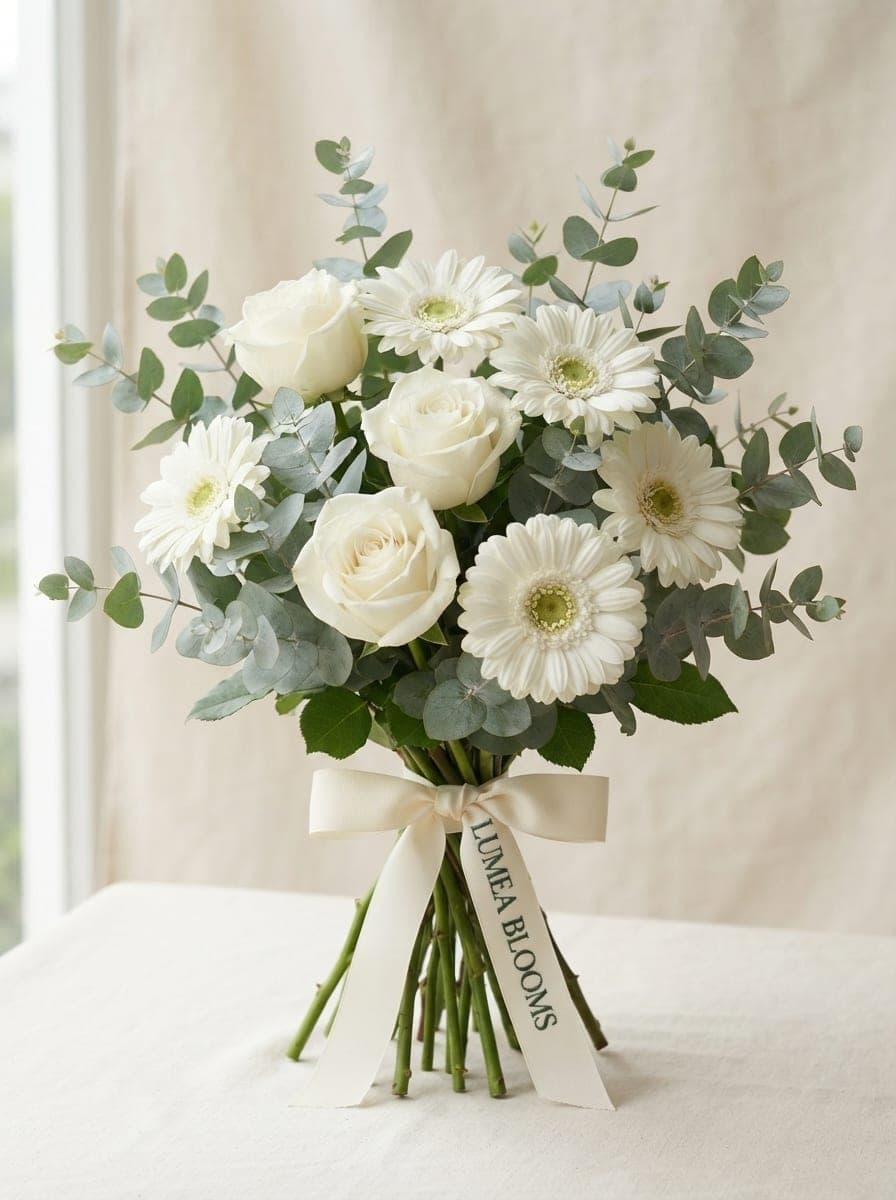 Gerberas y rosas blancas vibrantes