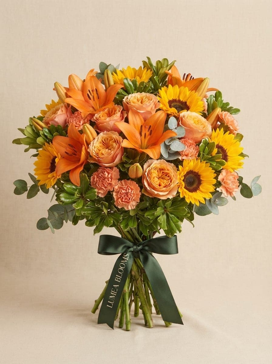 Ramo de otoño de Lumea Blooms con dalias y amaranthus sobre fondo neutro