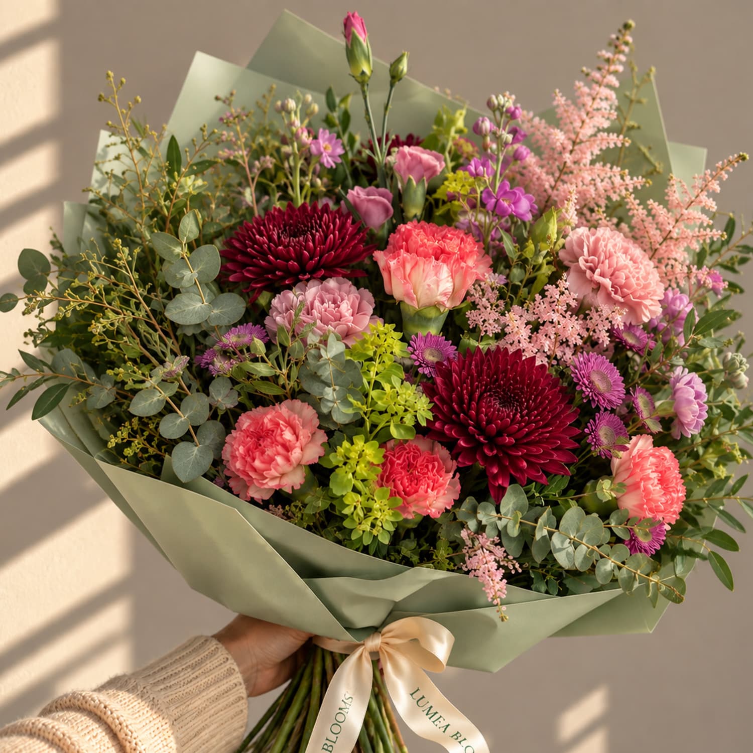 Ramo de flores silvestre de autor con claveles rosas, crisantemos borgoña y follaje natural de Lumea Blooms.