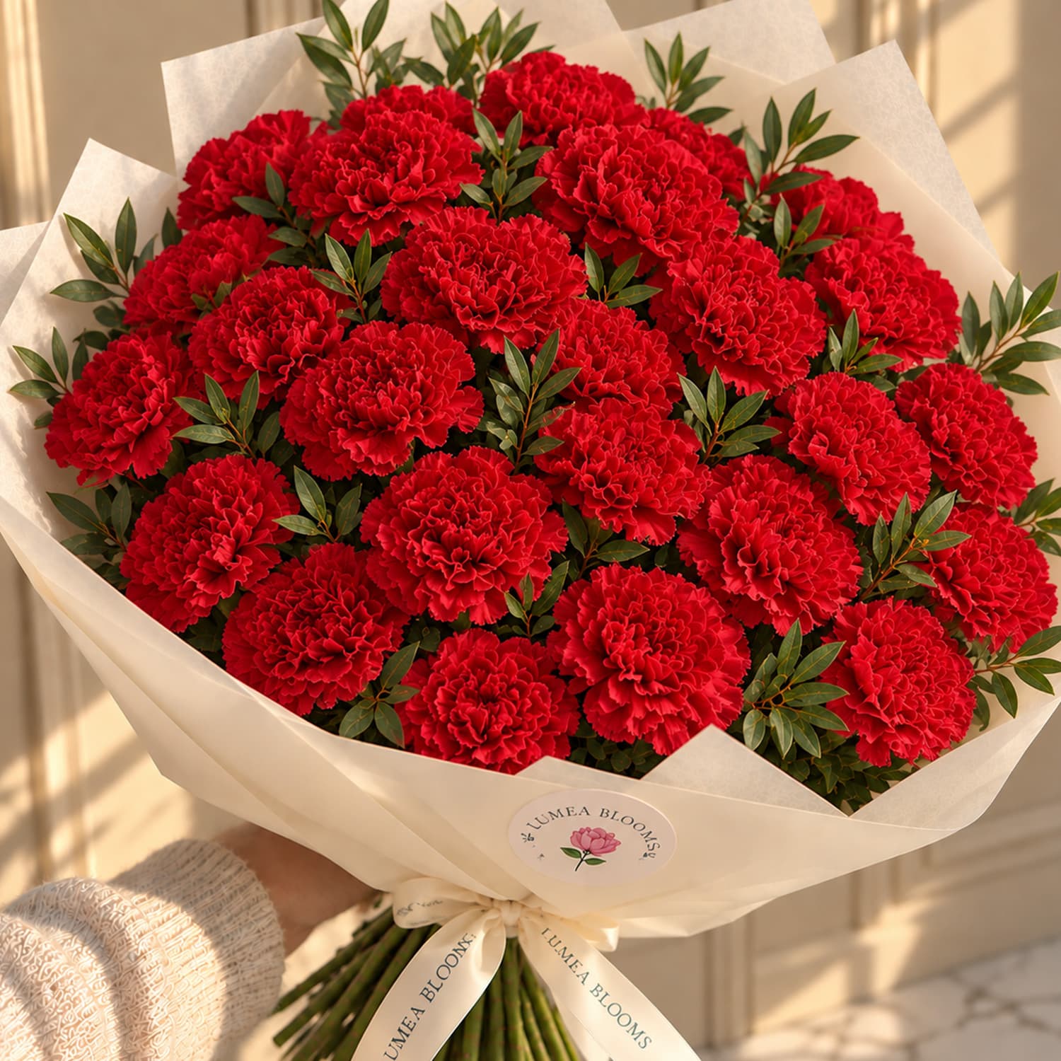 Ramo de claveles rojos frescos artesanales presentado en envoltorio de regalo Lumea Blooms en Madrid
